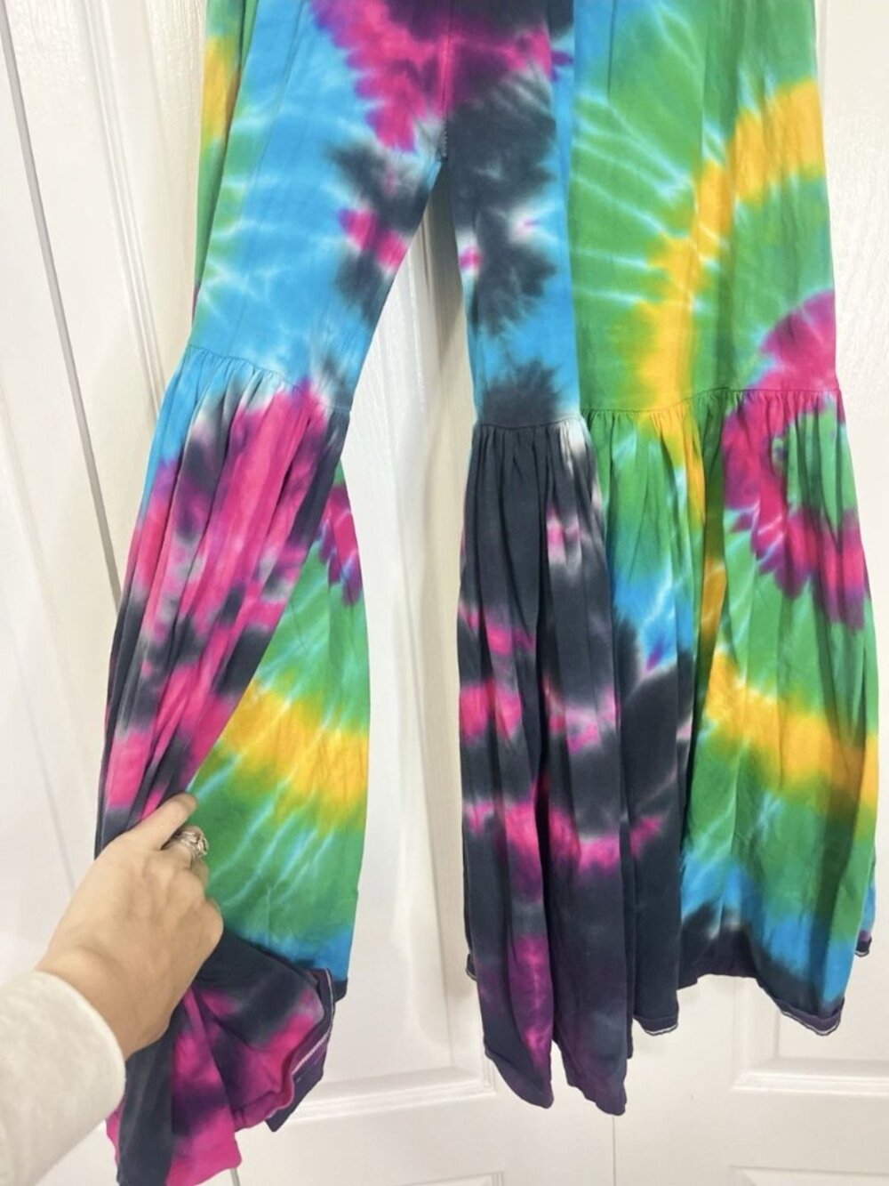 Boho Tie Dye Wide Leg Pants OS Ruffle Tiered Cotton Flare Stretch Drawstring - Picture 4 of 7
